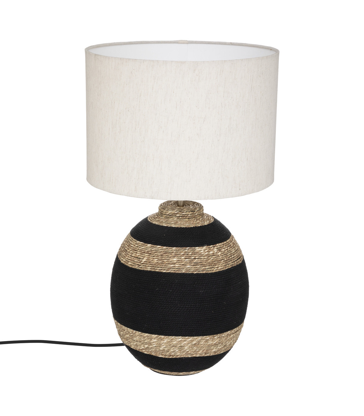 Lampe à poser en coton noir et osier tressé h 58 cm