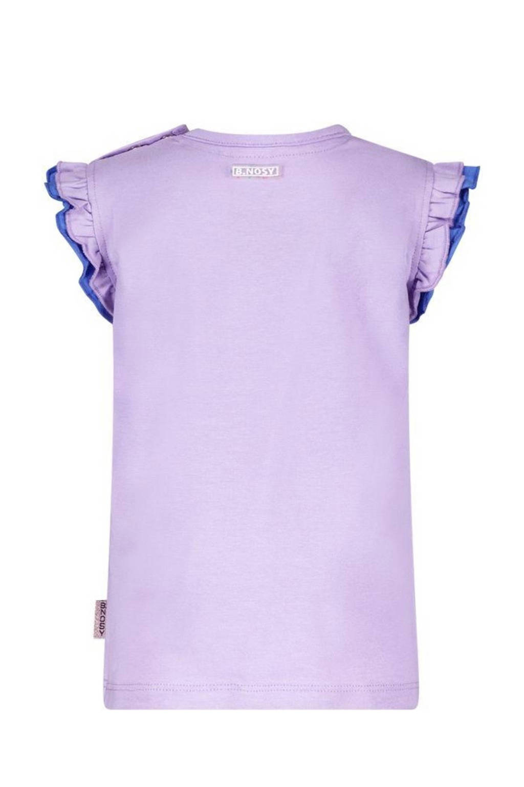 B.Nosy T-shirt Pearl met tekst en ruches lila/blauw
