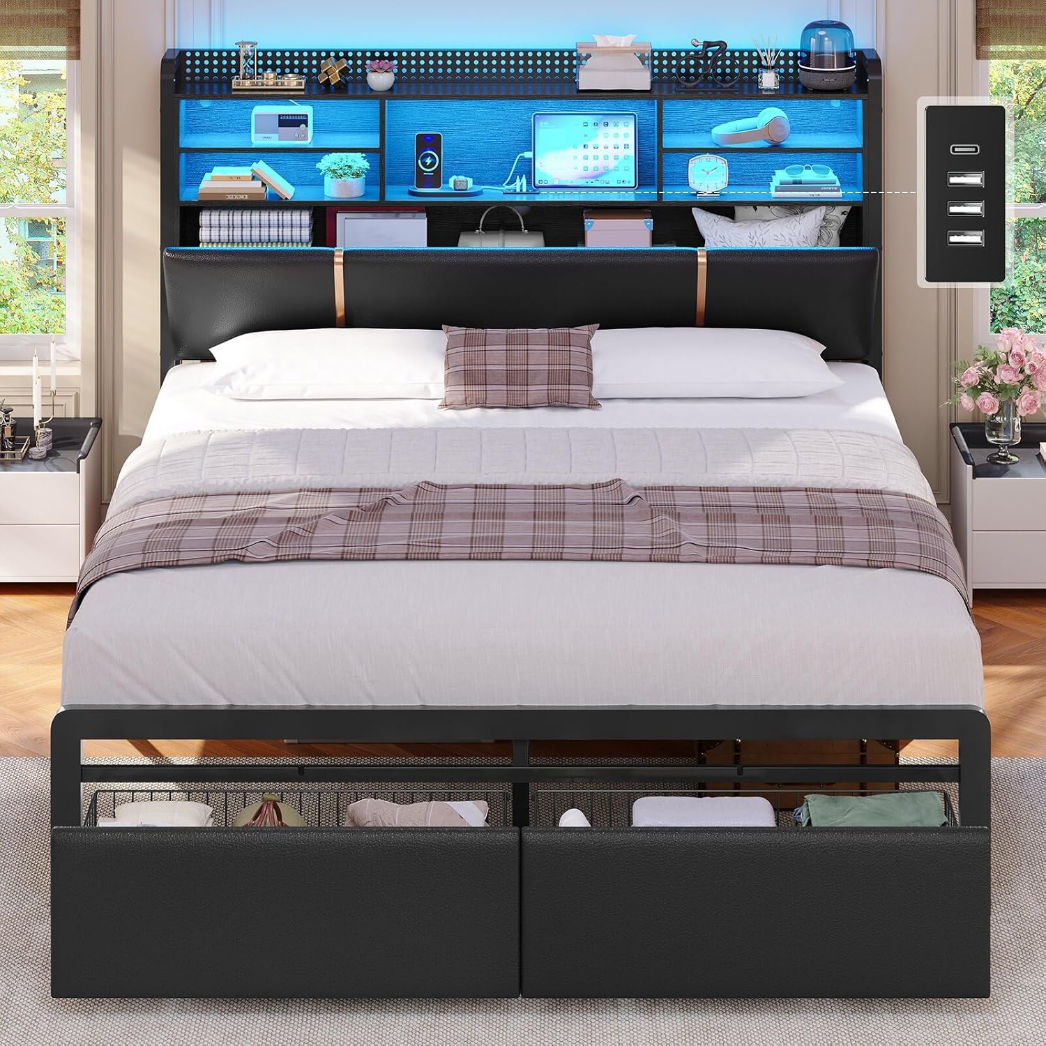 Bett 160x200 cm, Polsterbett mit LED-Beleuchtung, Metallbett Bettgestell, Bettrahmen mit 2 Schubladen, Regalkopfteil mit Stauraum, Steckdose, Doppelbett mit Lattenrost, für Schlafzimmer, PU Schwarz