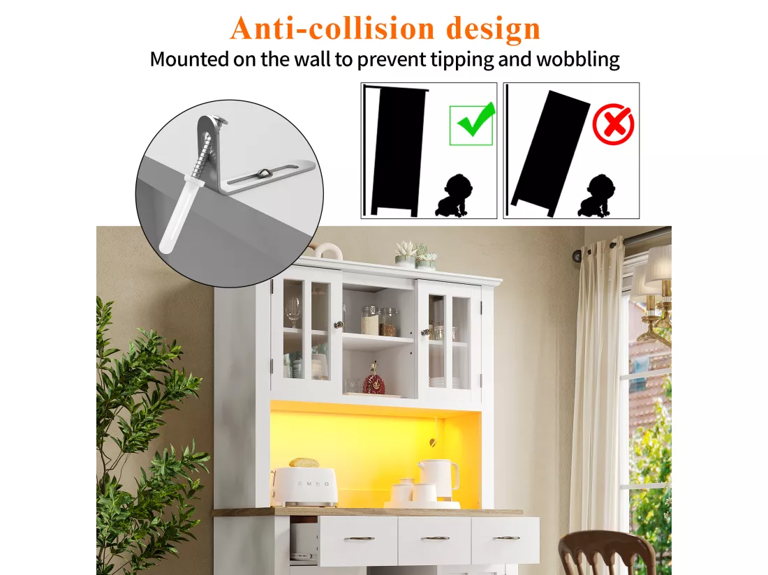 Vitrine、Buffet de cuisine avec LED - H 180cm - grand espace de rangement - Blanc