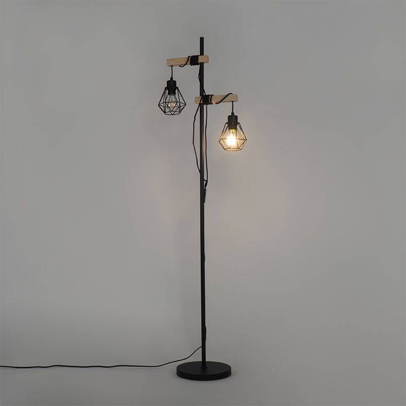 Landelijke vloerlamp zwart met hout 2-lichts - Chon