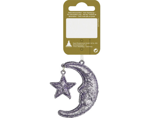 Kerstdecoratie hangende maan glitter 6,5 cm paars