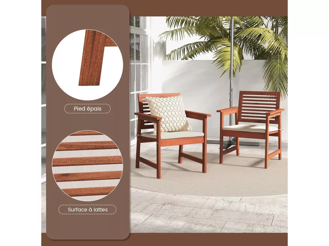 Lot de 2 Chaises de Jardin en Bois Massif avec Coussin Amovible, Fauteuil de Jardin à Lattes, Siège d’Extérieur pour Terrasse, Balcon, Porche, Bord de Piscine, Charge 120 KG