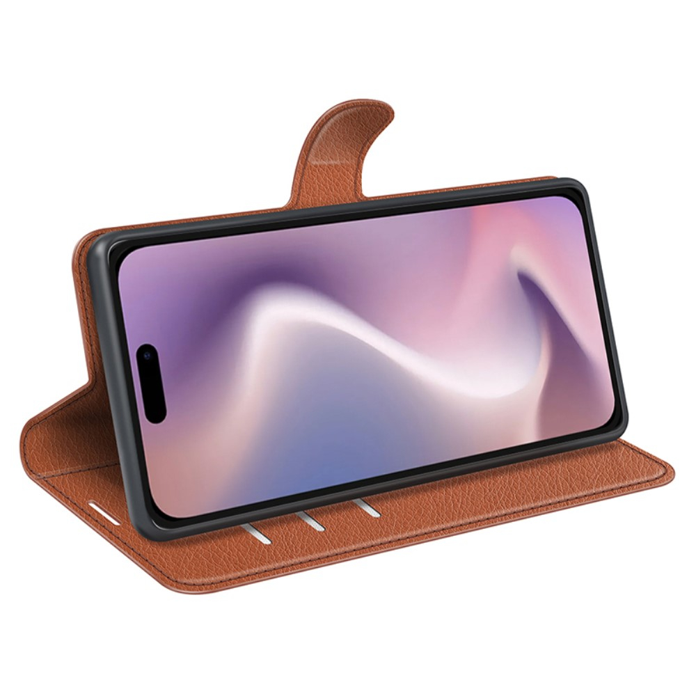 iPhone 16 Pro Leder Tasche Flip Cover Litchi Look - Braun