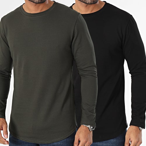 Lot De 2 Tee Shirts Manches Longues Noir Vert Kaki