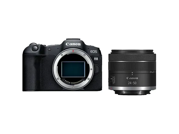 Canon EOS R8 - Digitalkamera - spejlløst - 24.2 MP - Full Frame - 4K / 60 fps - 2x optisk zoom RF 24-50 mm F4.5-6.3 IS STM-objektiv - Wi-Fi, Bluetooth - sort