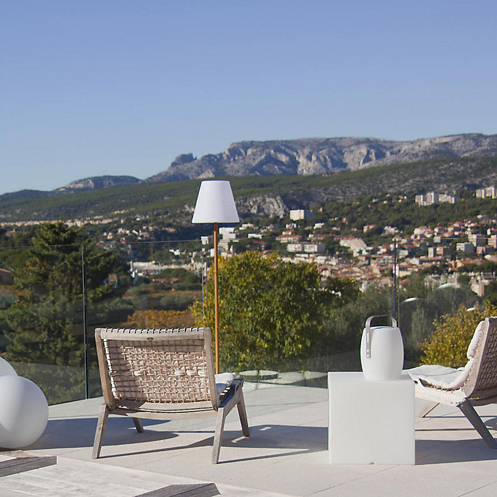 Lampadaire solaire rechargeable dimmable Standy Wood Solar Lumisky 100lm IP44 blanc froid bois claire l.34 x H.&50 cm