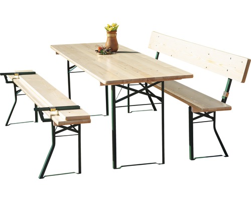 Biertentset, festivaltentset met rugleuning, 3-delig: tafel 220 x 70 cm, banken 220 x 25 cm, sparrenhout, natuurlijk groen