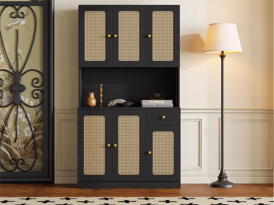 Vitrine H 180cm - 6 portes en rotin et un tiroir - Noir