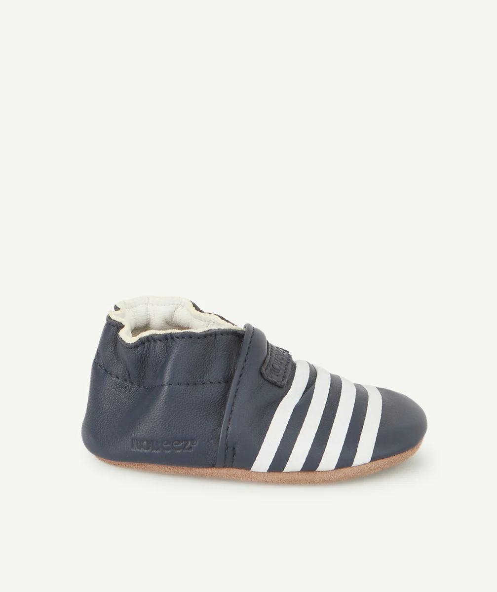 ROBEEZCHAUSSONS BÉBÉ BLEU MARINE EN CUIR AVEC RAYURES BLANCHES