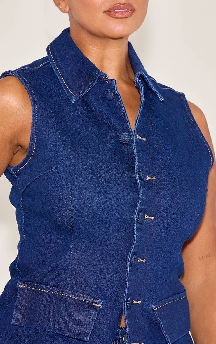 Bleu Indigo Top Long En Denim Stretch Shape Avec Boutonnière