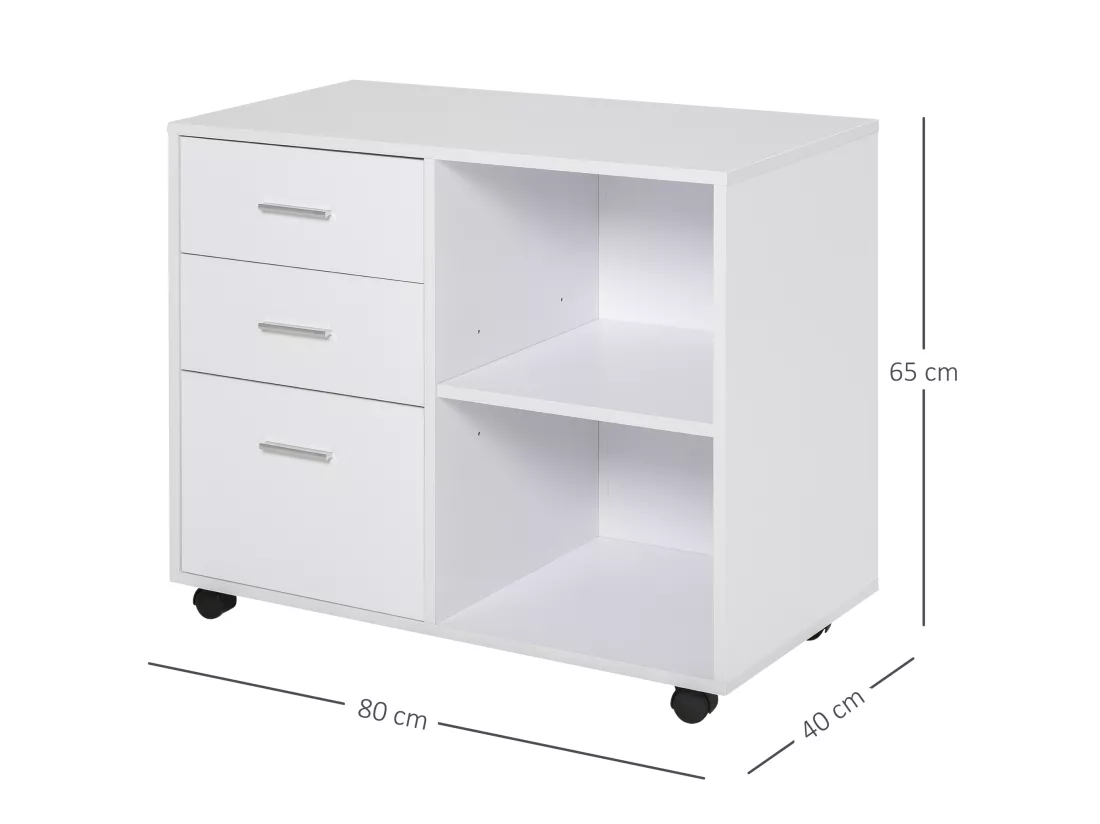 HOMCOM Support d'imprimante organiseur bureau caisson 3 tiroirs + 2 niches + grand plateau panneaux particules blanc
