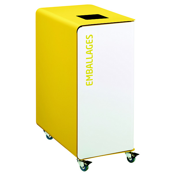 Borne de tri sélectif 90 L support-sac avec roulettes sans serrure - cubatri - blanc+jaune colza - emballages - ouverture 170x170mm