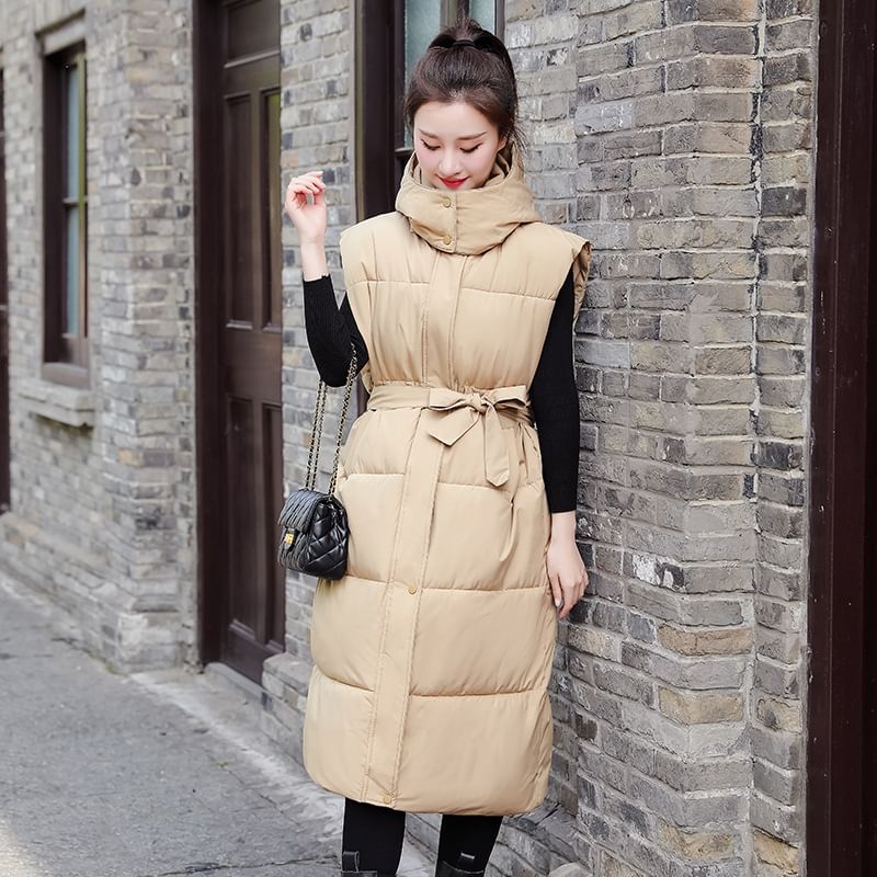 Quolove - Effen lang gewatteerd vest met capuchon