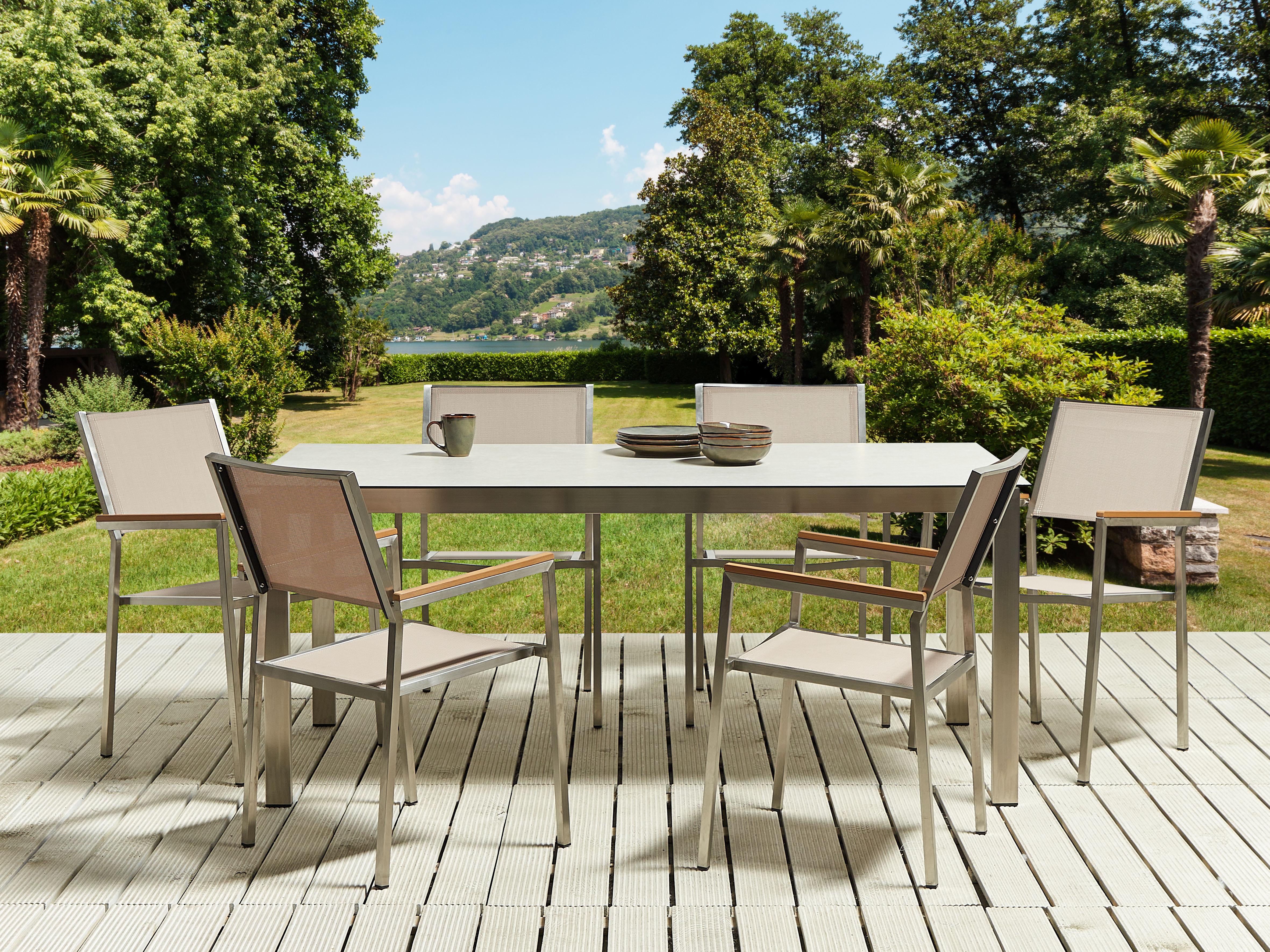 Tuinset 6-zits COSOLETO/GROSSETO Veiligheidsglas Marmereffect Wit/beige