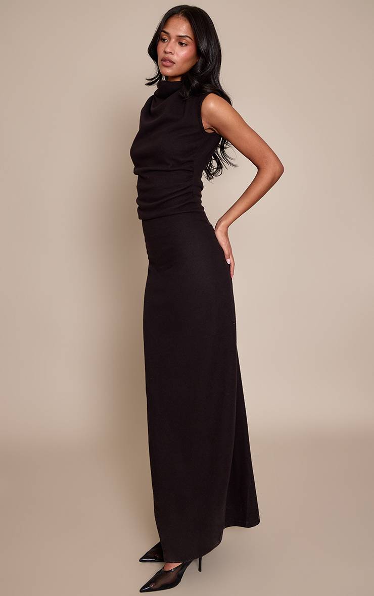 Noir Robe Maxi Longue Col Bateau En Jersey Brossé Doux Pour Grande Taille