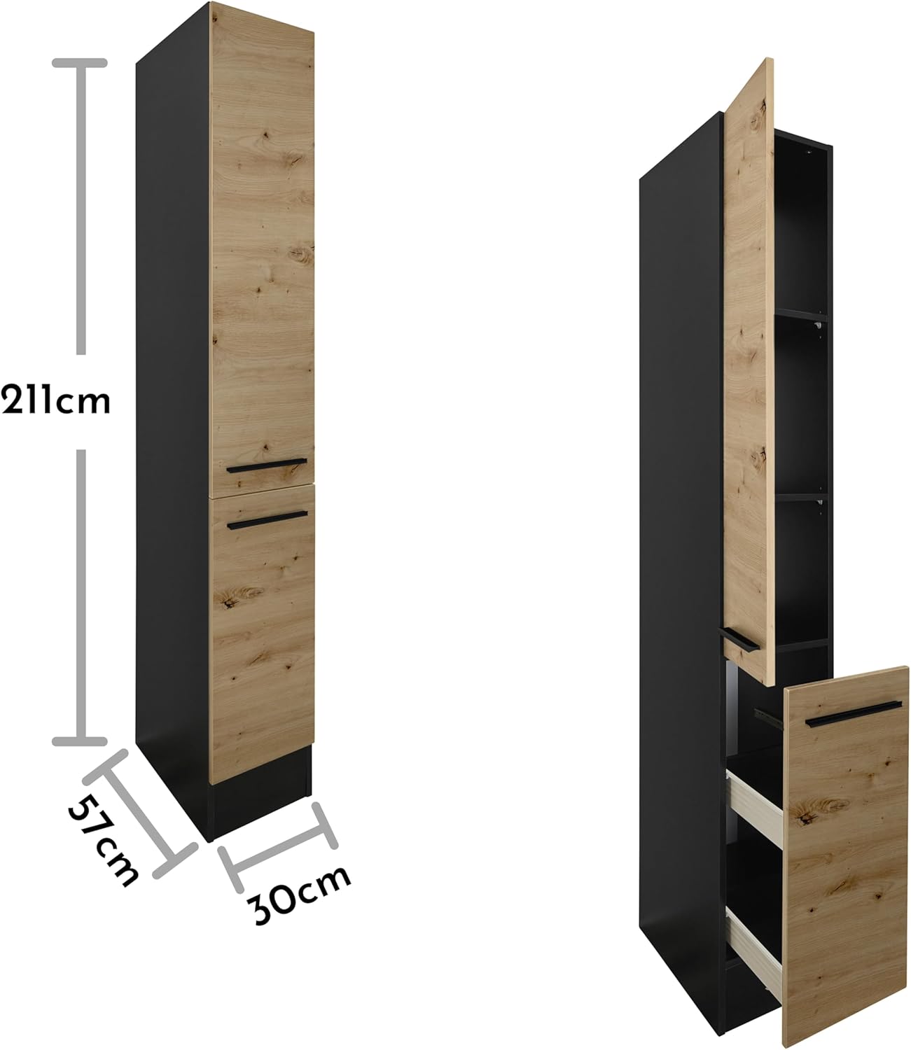 JAZZ 8 Moderner Apothekerschrank Küche in Anthrazit, Artisan Eiche Optik - Geräumiger Hochschrank Küchenschrank mit viel Stauraum - 30 x 211 x 57 cm (B/H/T)