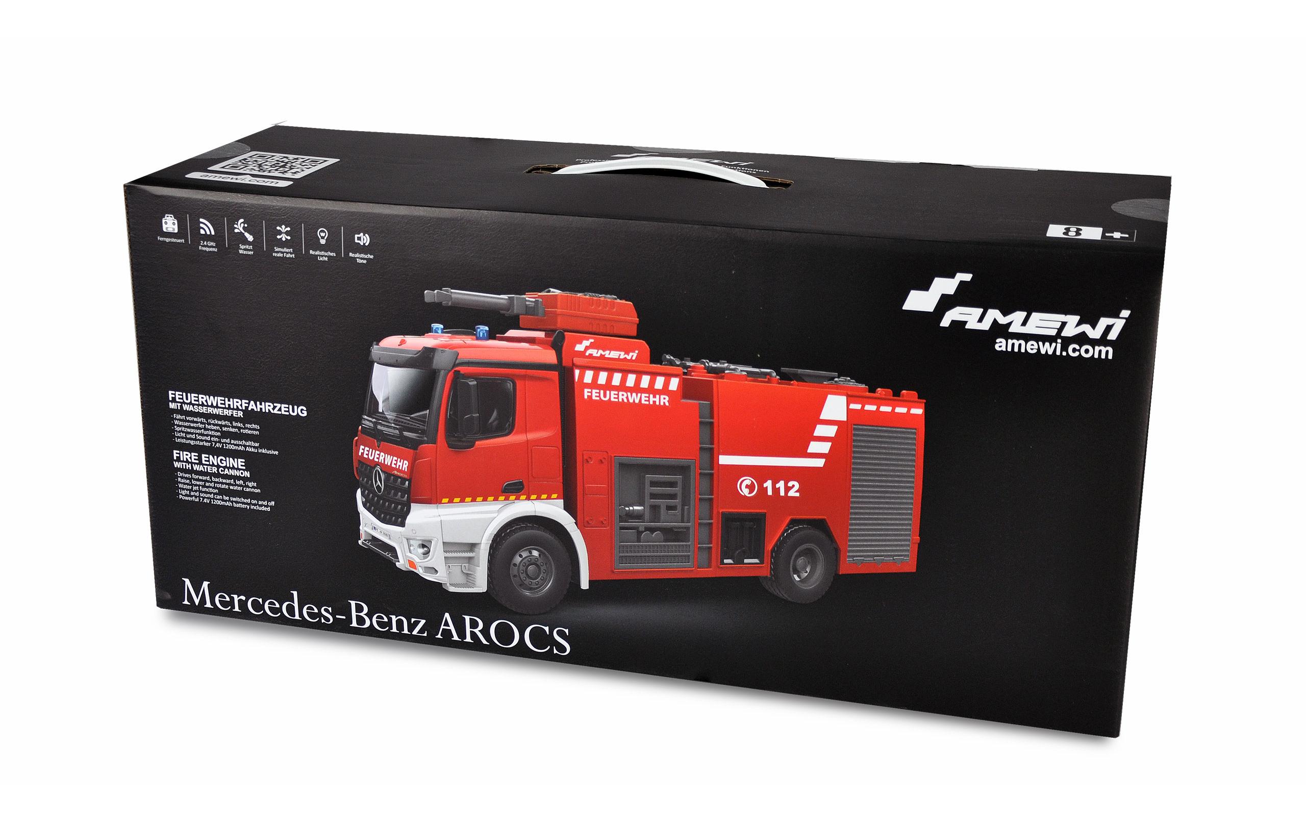 Mercedes Benz Arocs Feuerwehr Löschfahrzeug RTR, 1:18<br>Realistisches Feuerwehrauto mit Beleuchtung, Soundeffekten und Wasserwerfer