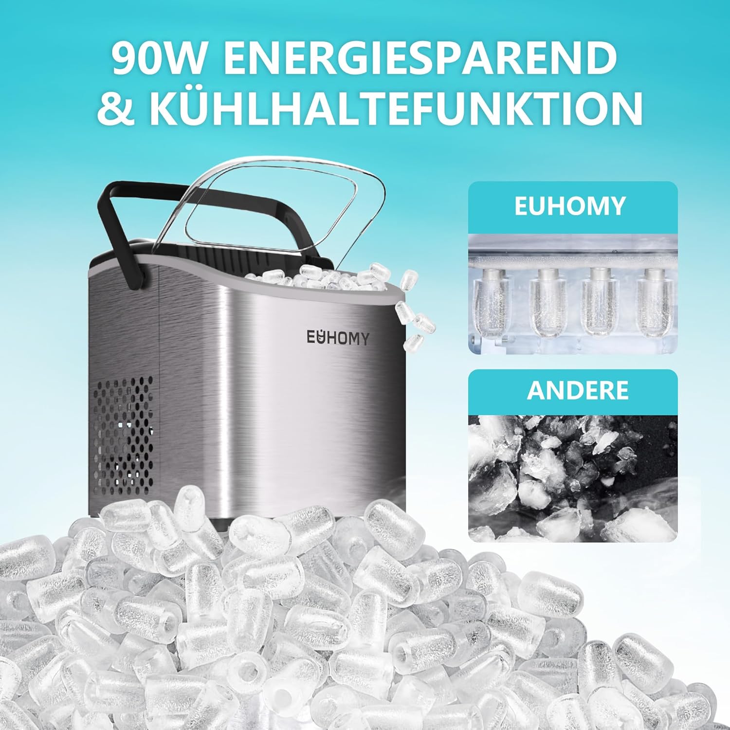 EUHOMY Eiswürfelmaschine Klein, 9 Eiswürfel in 6 Minuten, 12 kg/24H, Eiswürfelmaschine Edelstahl mit Tragbarem Griff, Selbstreinigender Kompakter Eiswürfelmaschinen für Zuhause/Küche/Büro/Bar