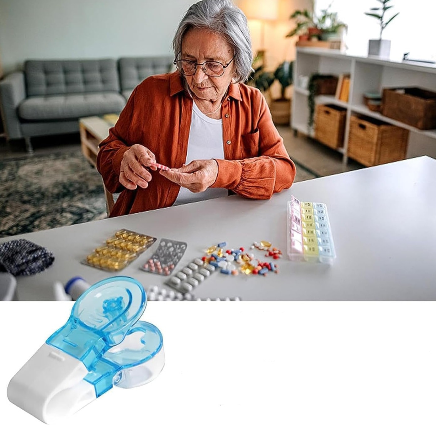 (80x30mm) Medikamenten Entnehmer Tablettenausdrückhilfe Pillen Dosierer Pillendose - Weiss / Blau