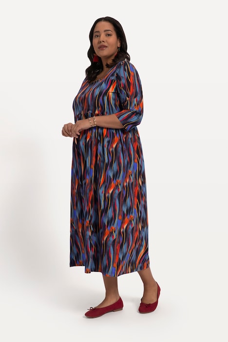 Jerseykleid, A-Line, Streifen, , Empirenaht, Carree-Ausschnitt, 3/4-Arm