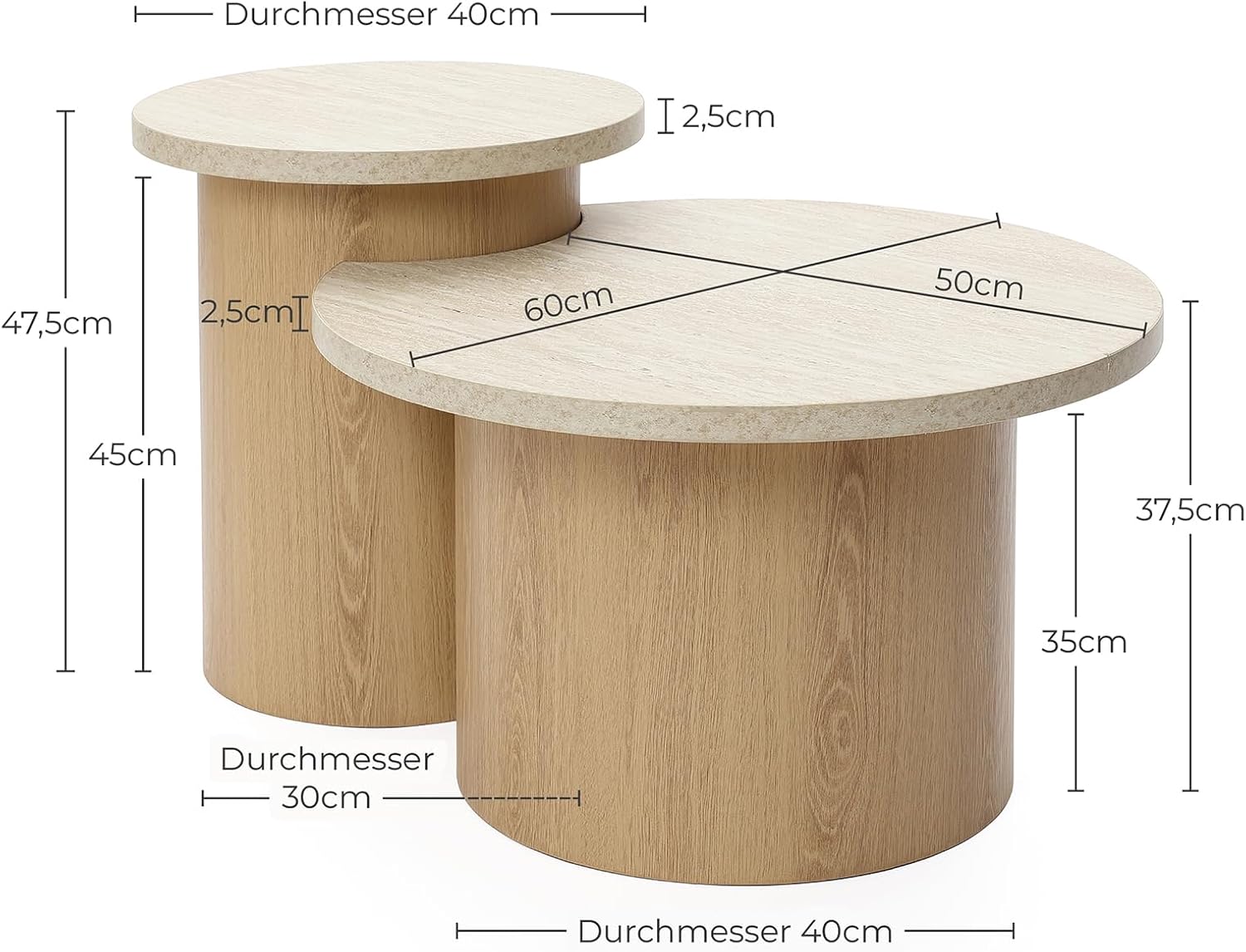 Couchtische Holz 2er-Set Rund, Moderner Runder Beistelltische, Kaffeetisch– in Steinoptik & Holzoptik fürs Wohnzimmer