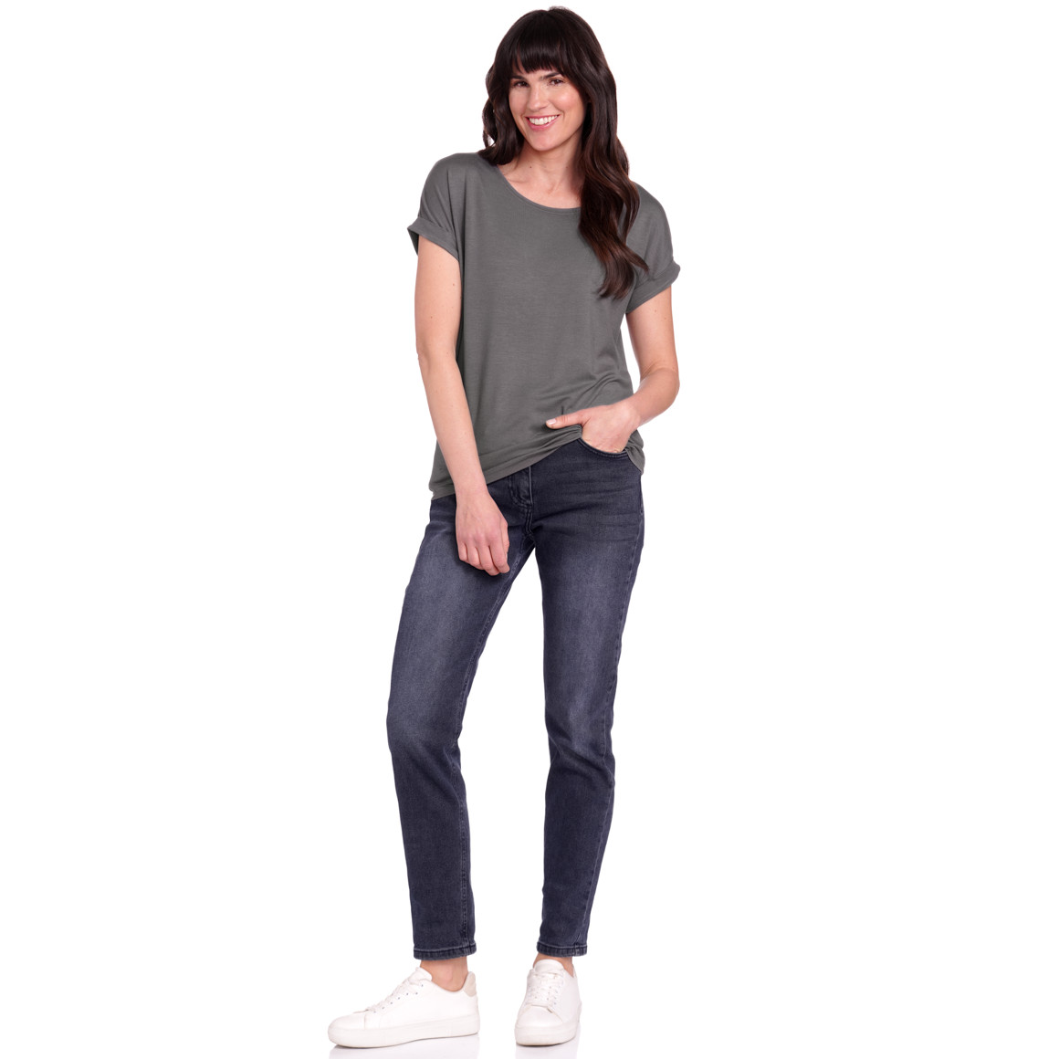 Gina Benotti Damen T-Shirt mit fixierten Turn-ups grau
