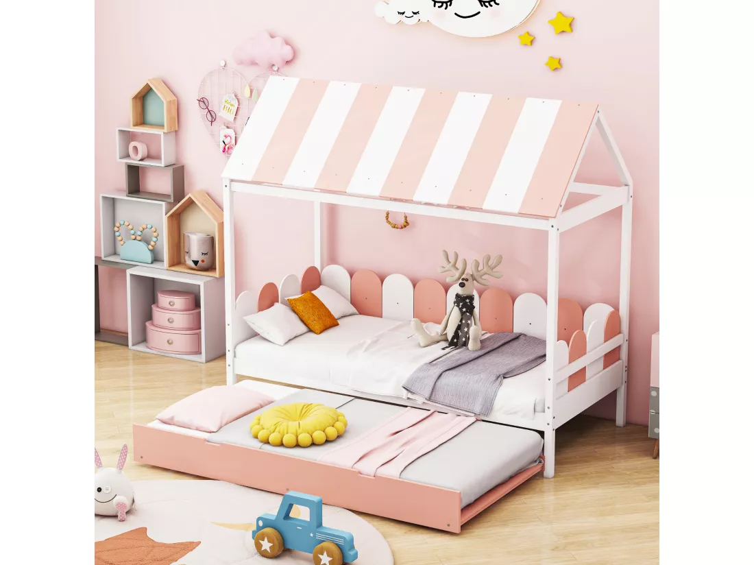Lit gigogne cabane 2 x 90 x 190 cm avec toit et barrières - bois massif - rose + blanc