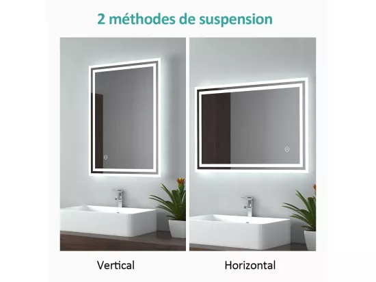 EMKE Miroir lumineux salle de bain 60x100cm, Miroir avec l'éclairage, Interrupteur Tactile, Anti-buée, Miroir LED avec Lumière Blanche Froide