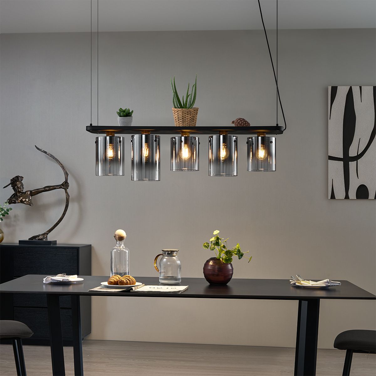 Moderne hanglamp zwart met smoke glas 5-lichts - Hybrid