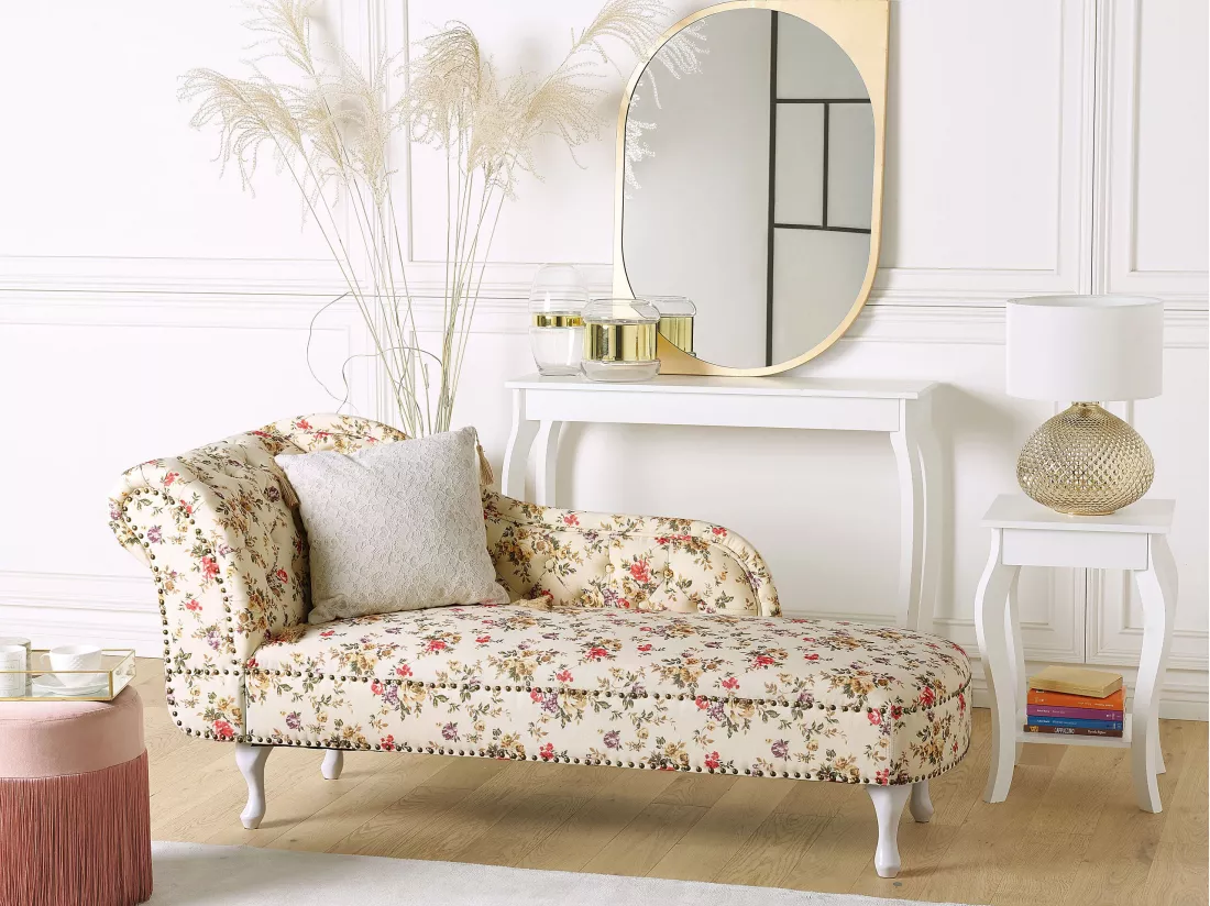 Chaise longue Chesterfield en tissu beige à motif floral côté droite NIMES