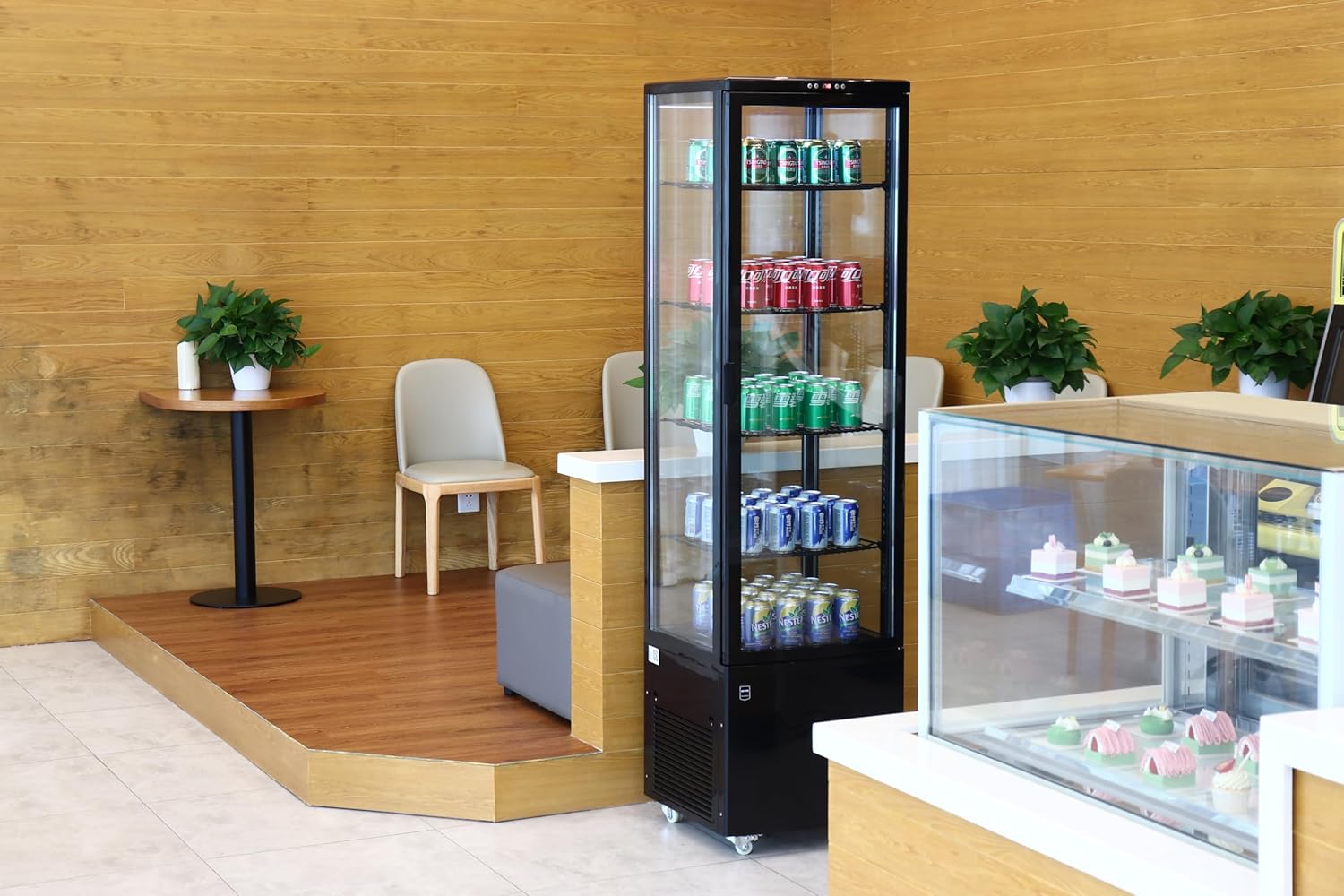 METRO Professional Panorama Kühlvitrine GGC3270B, Kunststoff/Glas, 270 L, 4 verstellbare Einlegeböden, LED-Innenbeleuchtung, Schwarz