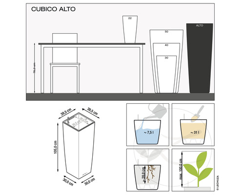 Lechuza Cubico Alto 40 plantenbak complete set H 105 cm zwart
