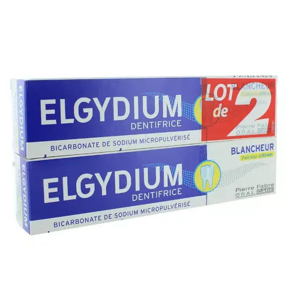 Pasta de dentes clareadora Elgydium com aroma de limão, embalagem com 2 unidades de 75ml.