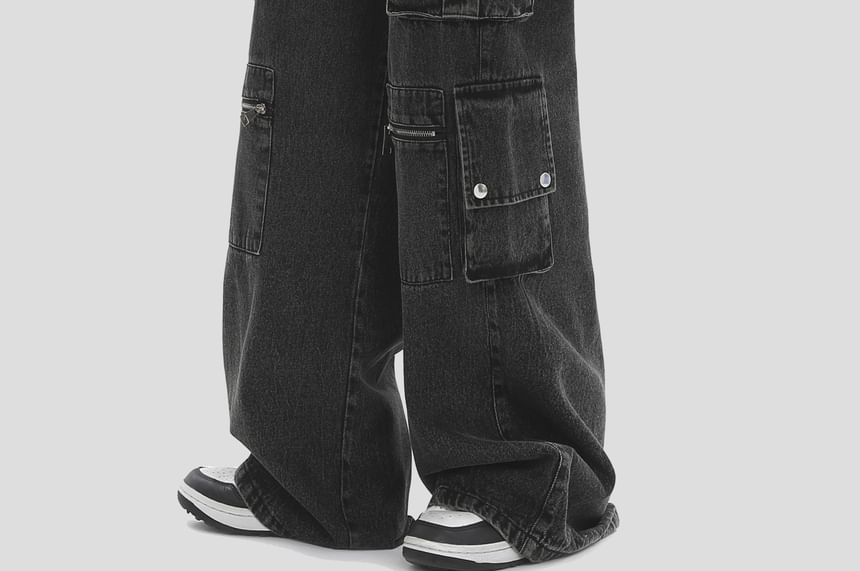 INStudio - High Waist Washed Wide Leg Cargo Jeans