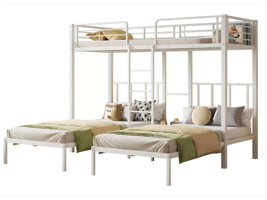 Lit superposé triple 3x90x200cm avec échelle et un plateau - cadre en métal - Blanc