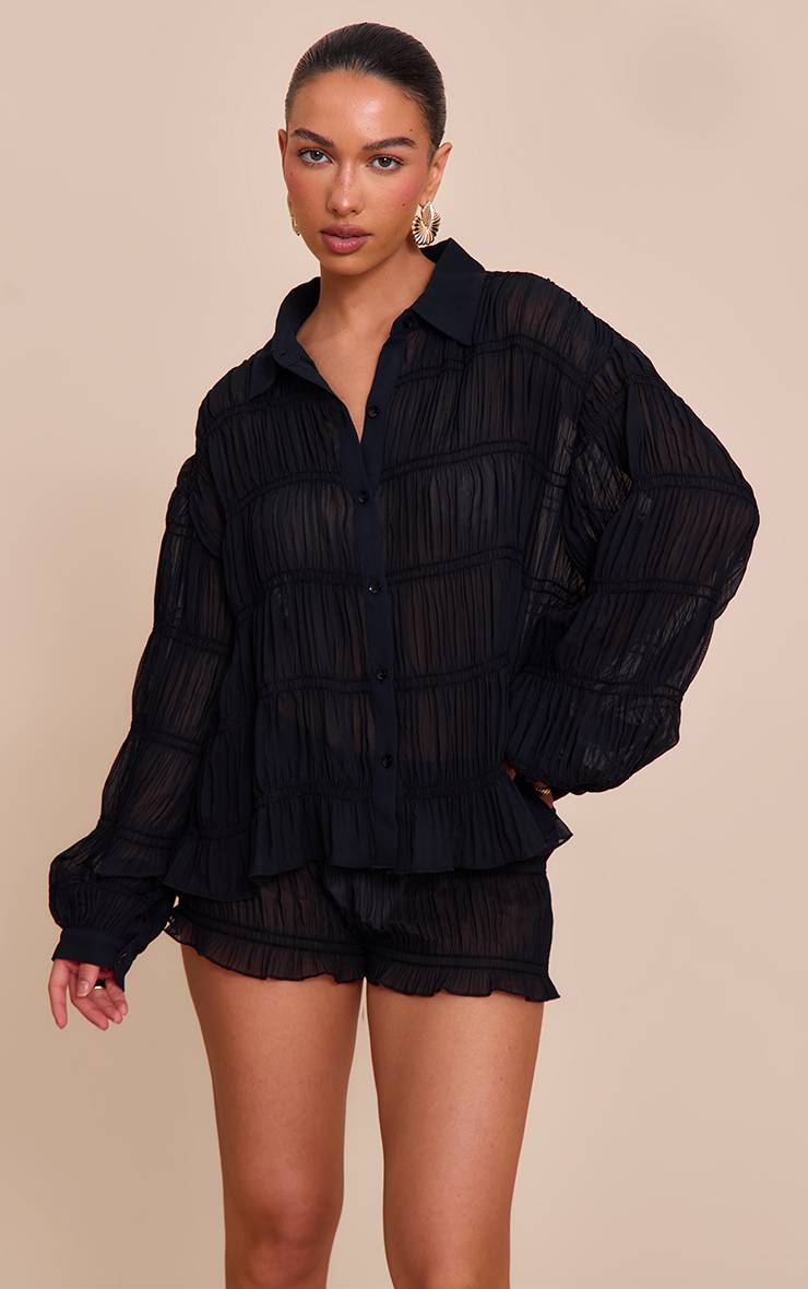 Noir Ensemble Coordonné Chemise Froncée En Mousseline