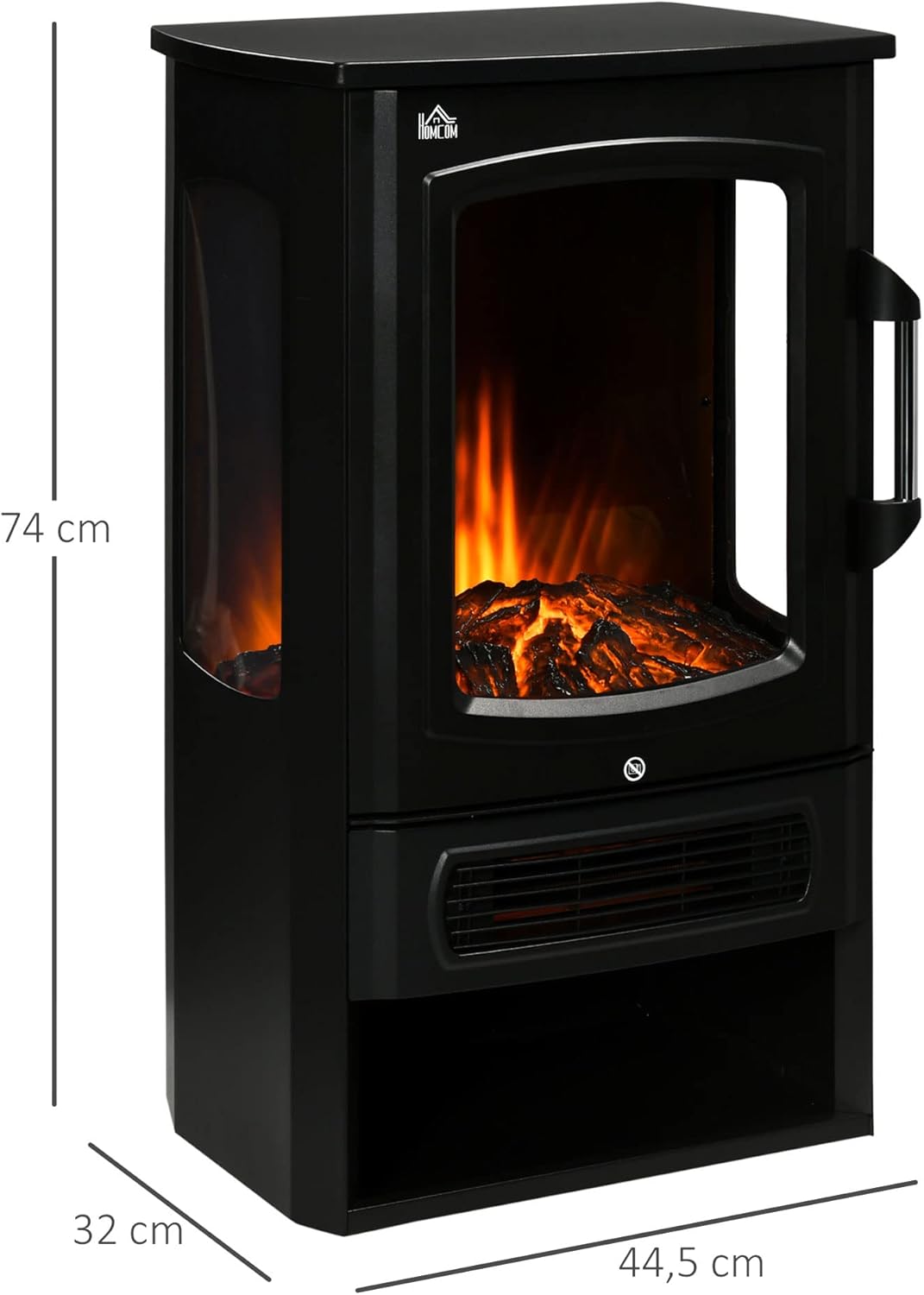 HOMCOM LED Elektrokamin Standkamin Kaminofen mit Flammeneffekt 1000/2000W Innenraumheizung Heizlüfter Panorama-Sichtfenster Elektrischer Kamin mit Heizung 2 Heizstufen Stahl Schwarz 44,5 x 32 x 74 cm