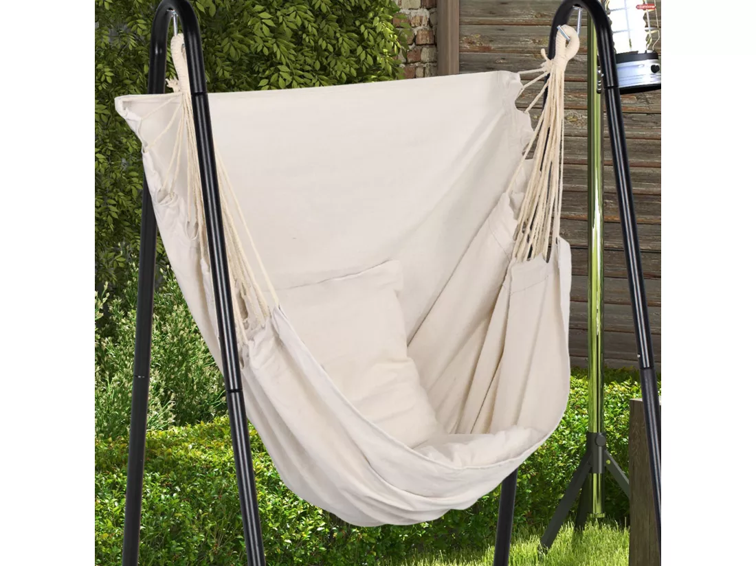 Chaise suspendue de jardin avec support et coussin acier noir coton beige
