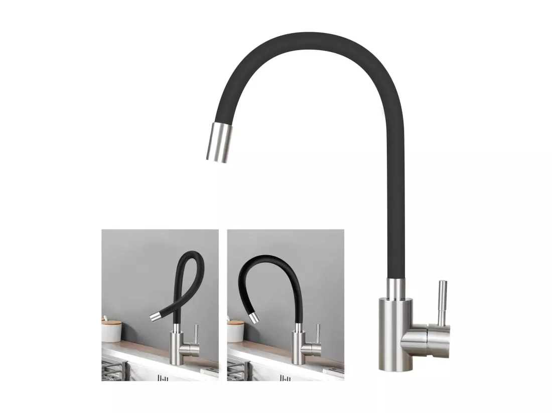 NETTLIFE Robinet de Cuisine avec Poignée Unique Noir Mitigeur en Acier Inoxydable à Rotation à 360°, Flexible et Pivotant pour Évier de Cuisine