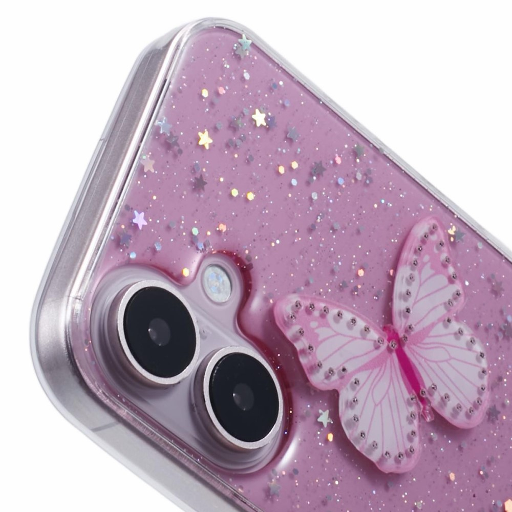iPhone 16 Hybrid Hardcase Schutzhülle im Glitzer Design Schmetterling - Rosa / Transparent