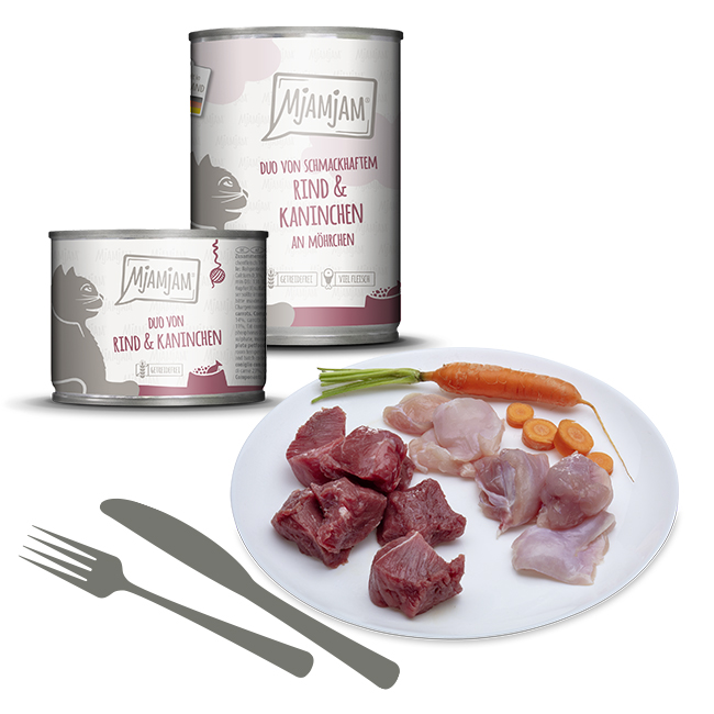 DUO von schmackhaftem Rind & Kaninchen an Möhrchen