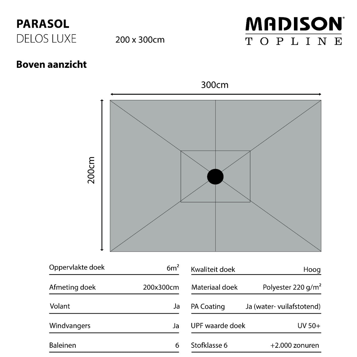 Madison stokparasol Delos luxe Safier Blue 200x300 cm.