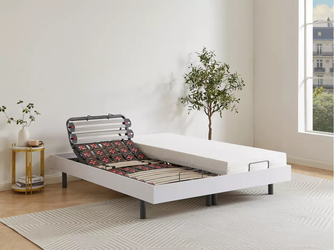 Sommier électrique de relaxation déco lattes et 2x30 plots - 2 x 90 x 200 cm - Blanc - CISERANO de YSMÉE