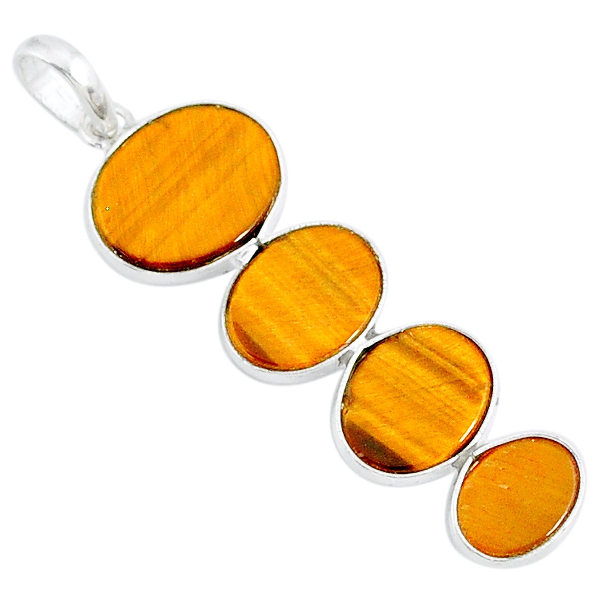 Pendentif en argent serti de 4 oeil de tigre marron ovale + chaine 3,5cm gxi293