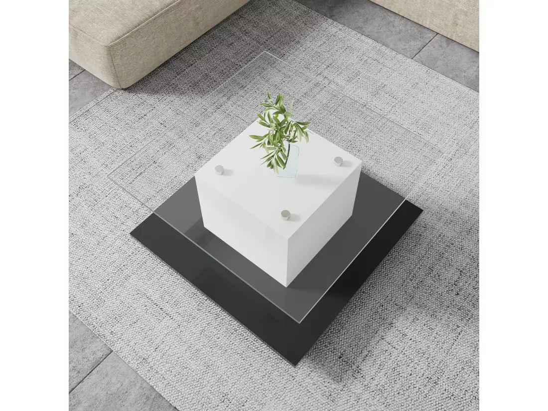 Table basse carré pivotante - avec LED réglables et roulettes frein - verre et panneau de particule - Blanc et Noir - 80x80x40cm