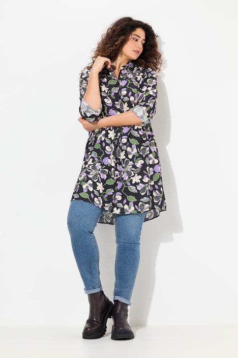Longbluse, Blüten, A-Linie, Hemdkragen, Langarm