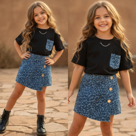Blocked & leo denim skort set - zwart