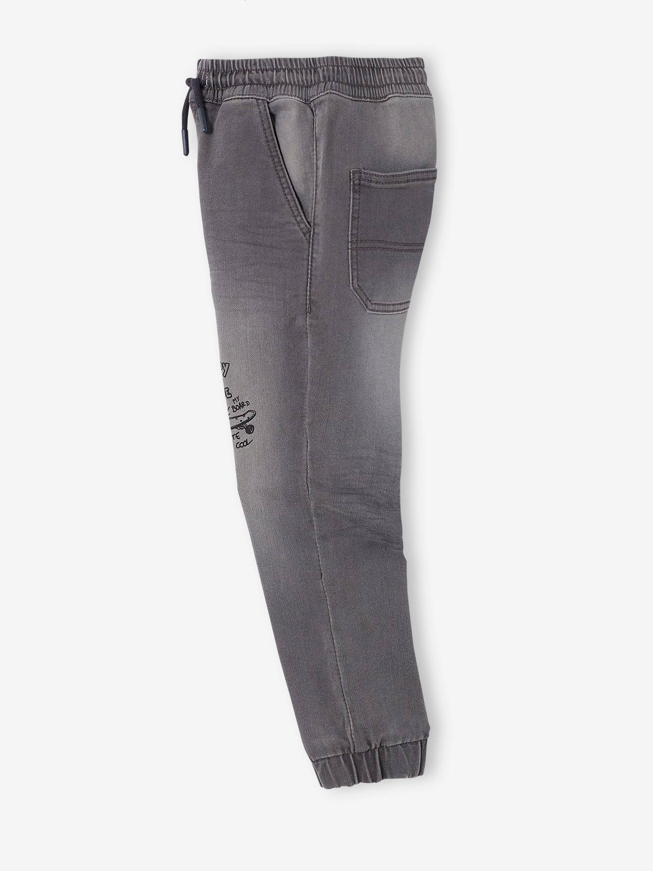 Calças de moletom azul-escuro com efeito fleece, fáceis de vestir, para meninos, com efeito jeans.