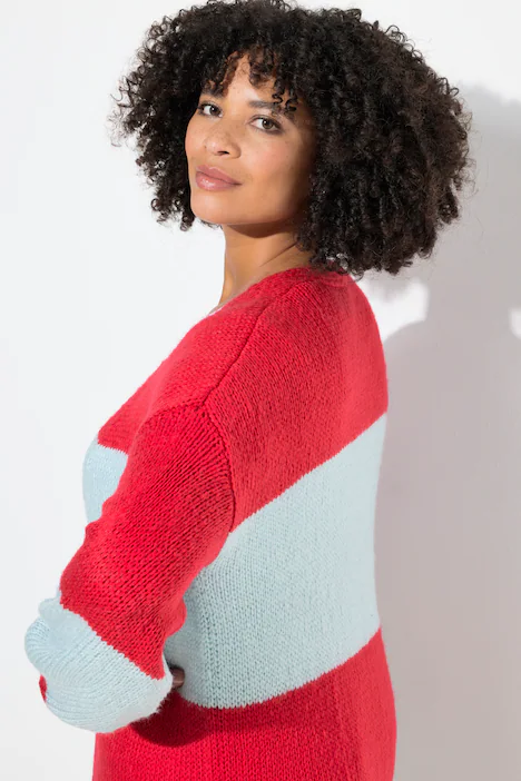 Long-Strickjacke, Straight Fit, Blockstreifen, neon rot